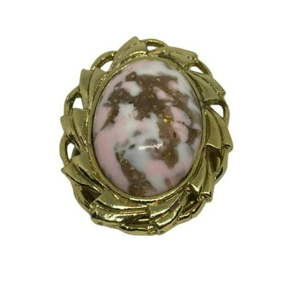 Pink Rhodonite Cabochon and Gold Tone Vintage Scarf Holder Germany